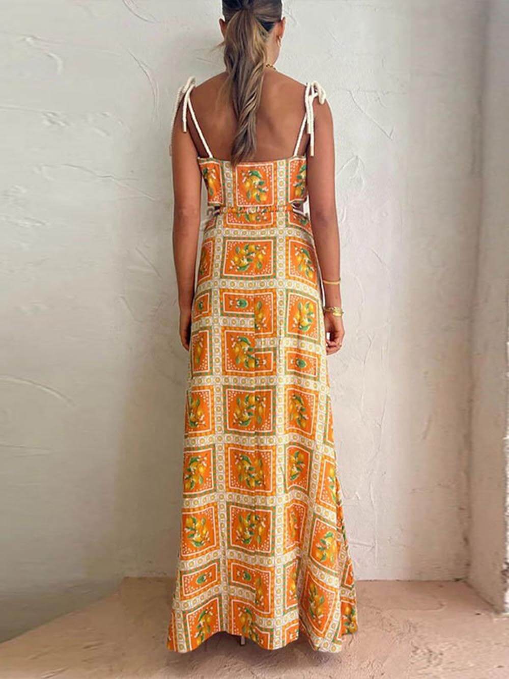 Women's square neck orange maxi sundress, a comfortable flowy bohemian dress for casual summer wear.