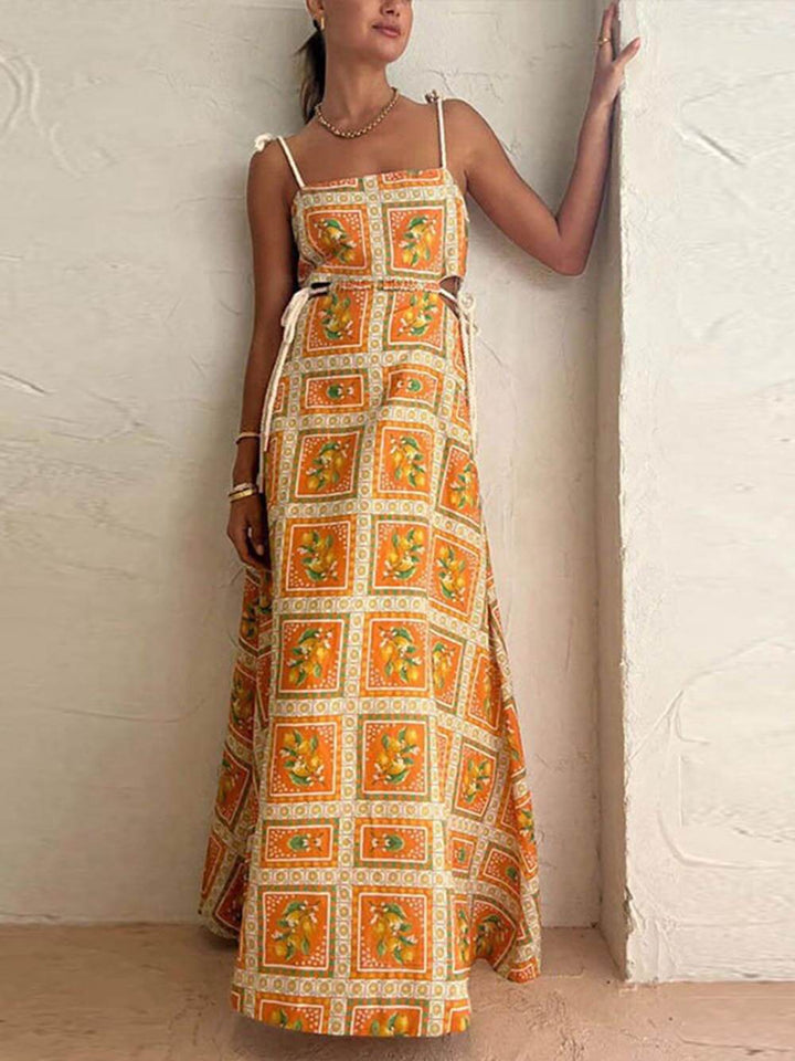Orange flowy maxi sundress for women with a stylish square neck, perfect for summer boho style.