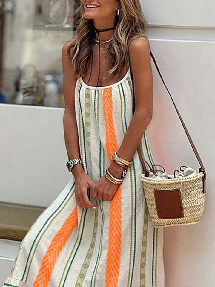 Striped women's casual elegant A-line midi dress with spaghetti straps, ideal for summer vacation wear.