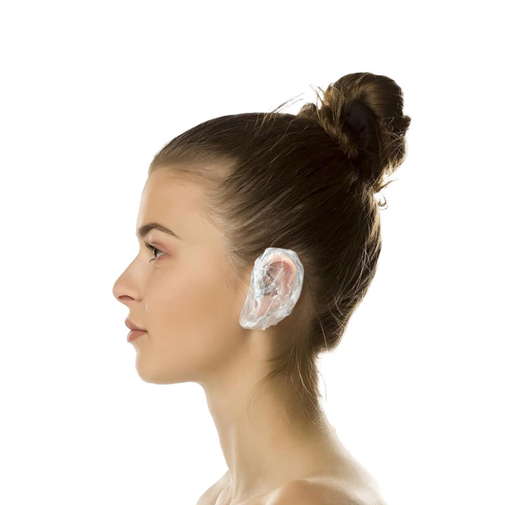 100 pack disposable ear covers for shower & bath, providing waterproof protection & hygiene for sensitive ears.