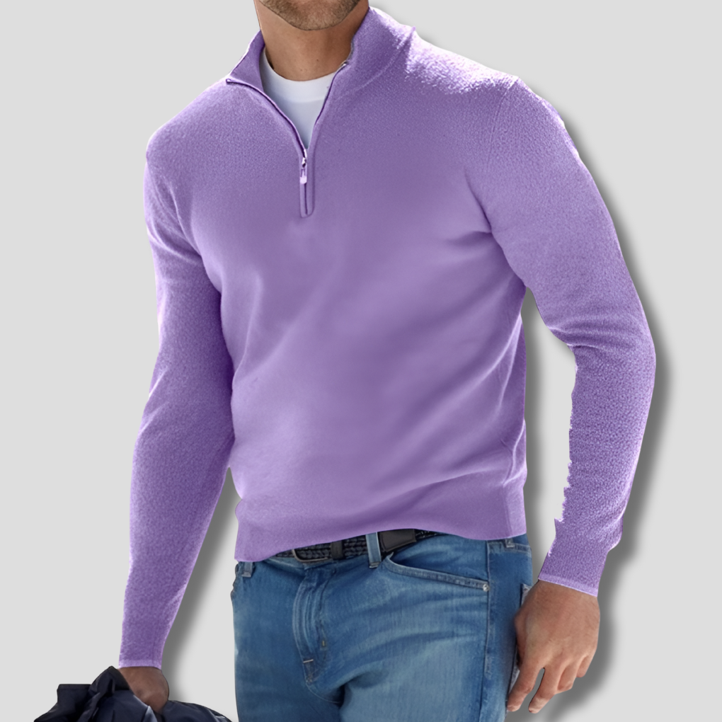 Modern men's long sleeve pullover sweater featuring a sleek zipper collar, perfect for everyday style.