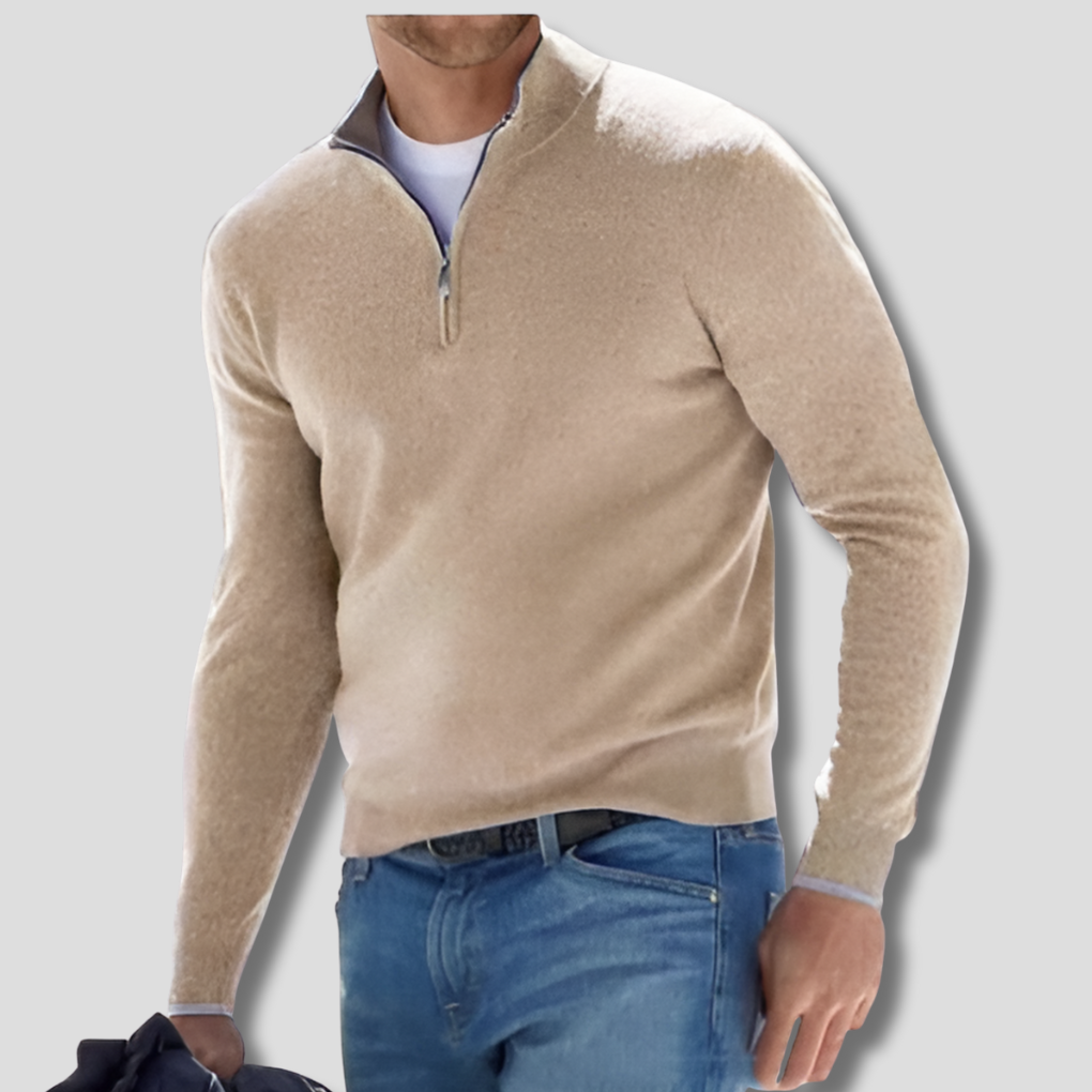 Men's zipper collar pullover sweater, long sleeve, offering comfortable and stylish casual wear.