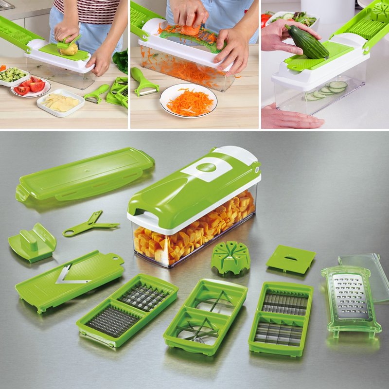12-in-1 kitchen vegetable cutter with multiple blades for slicing, dicing, chopping, and integrated storage bin.
