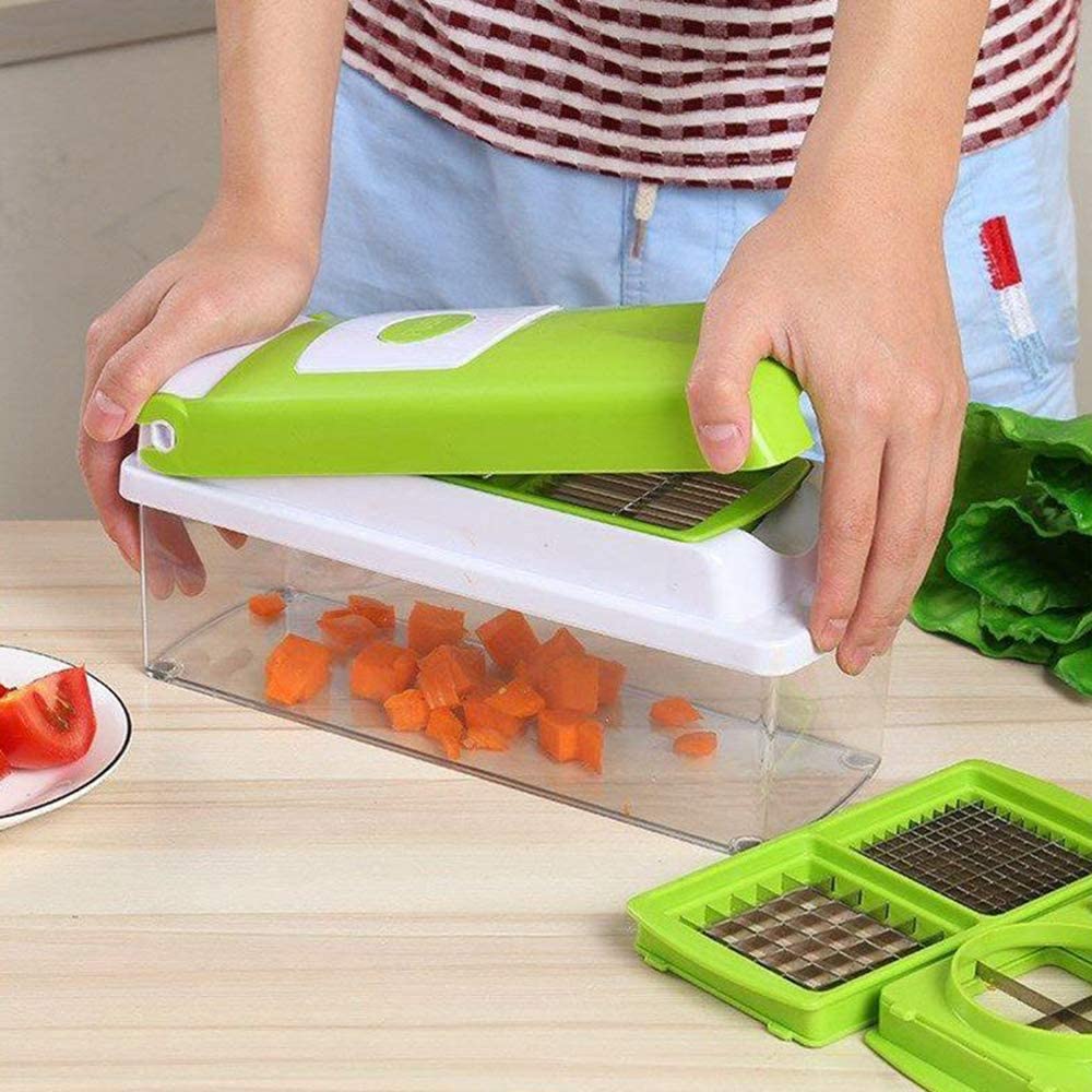 Complete 12-in-1 food prep tool set: vegetable chopper, slicer, dicer, with clear storage container.