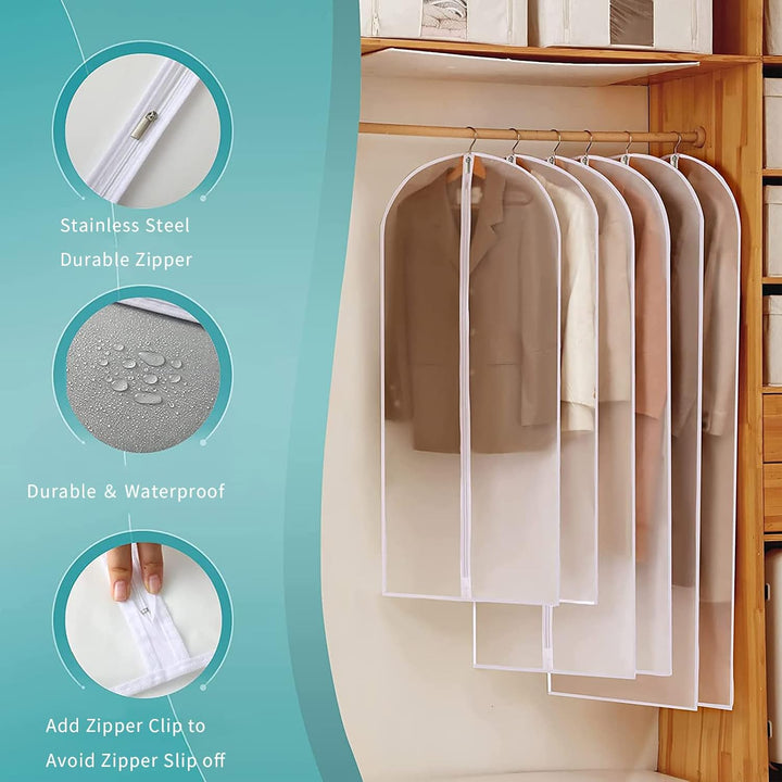 Clear dustproof garment bags, 12-pack, ideal for storing suits, dresses & coats.