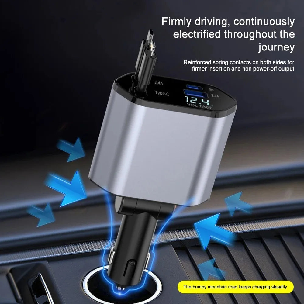 Powerful 120W smart car charger, compatible with iPhone & Android. Features retractable fast-charging cables.