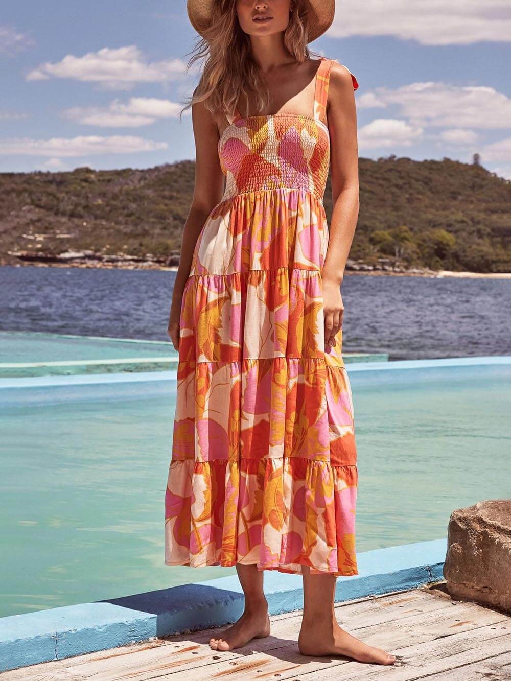Casual multicolor halter midi sundress for women, a versatile and flowy summer dress for any relaxed occasion.