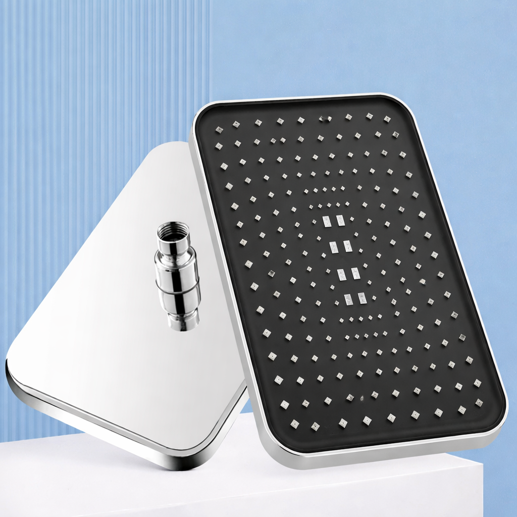 Large 14-inch rainfall showerhead with 360° pivot & eco water mode, enhancing any bathroom upgrade.