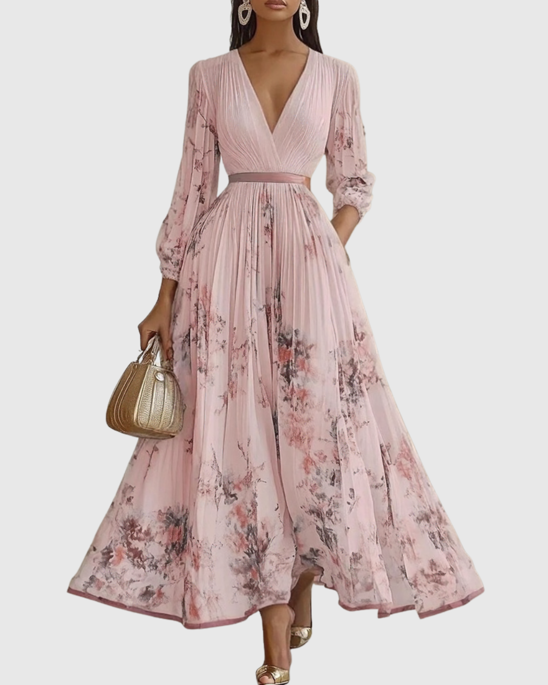 Refined V-neck pleated maxi dress for women, a graceful selection for wedding guest attire and formal events.