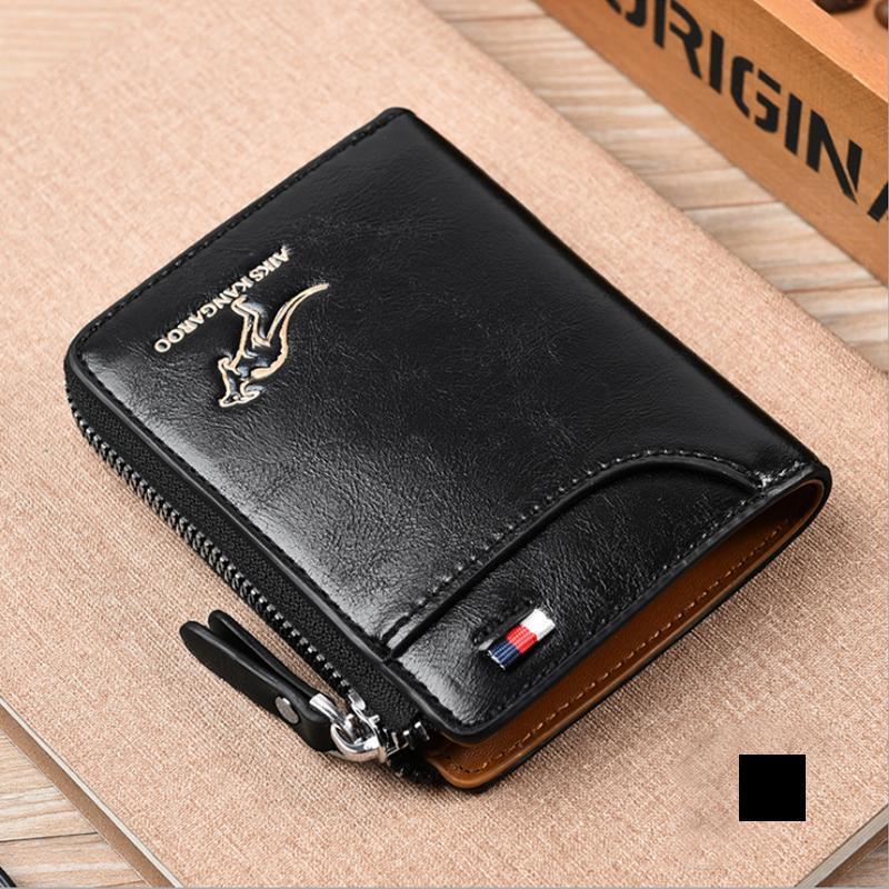 Close-up of the textured PU leather on a durable & stylish unisex RFID blocking compact wallet.