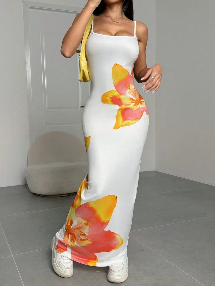 Comfortable women's floral maxi dress with a breezy design and spaghetti straps for vacation.