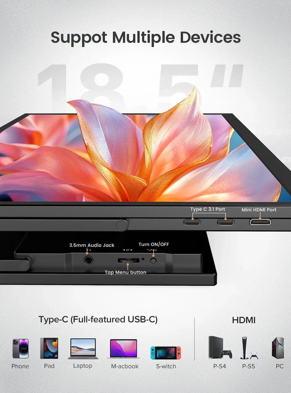 Slim 18.5" 1080p portable display. USB-C monitor for laptops, phones & gaming on the go.