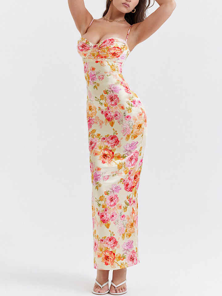 Women's summer spaghetti strap maxi sundress in a beautiful floral pattern, ideal for beach or elegant casual outings.