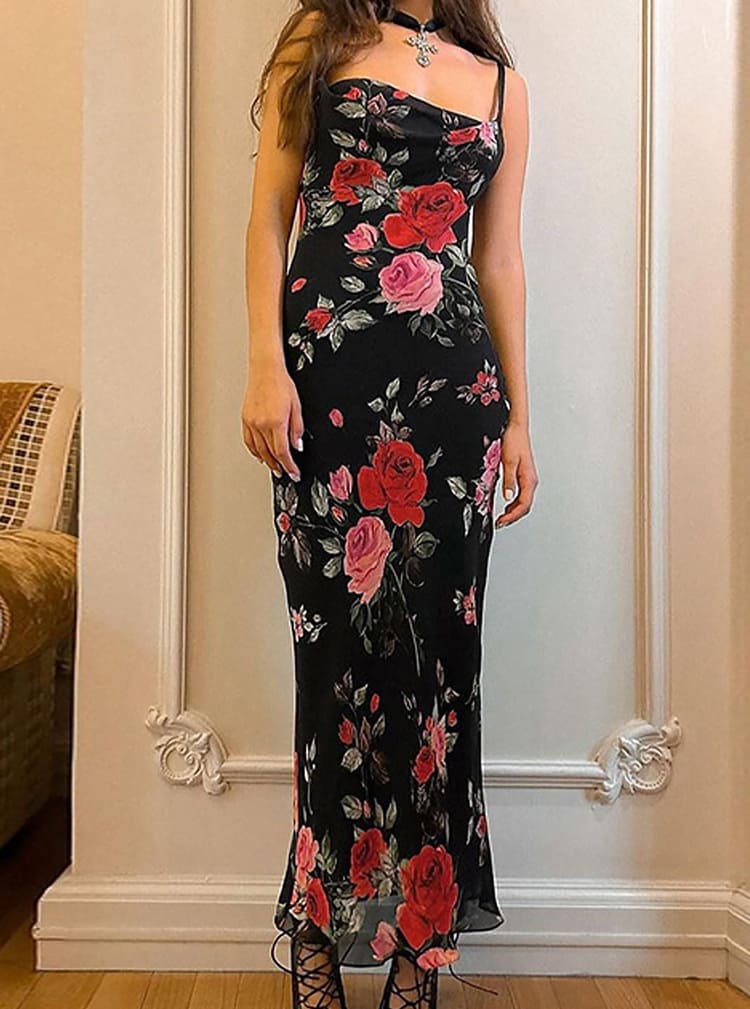 Women's casual floral maxi dress, perfect for summer days & beach vacations. Comfortable spaghetti strap sundress.