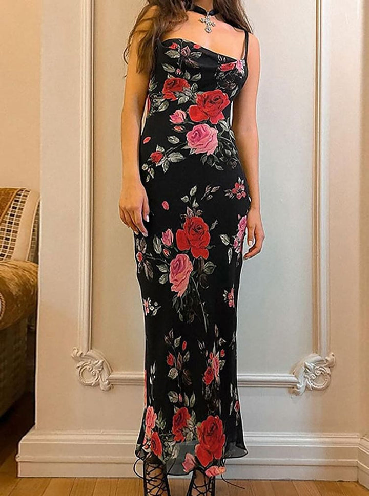 Women's casual floral maxi dress, perfect for summer days & beach vacations. Comfortable spaghetti strap sundress.