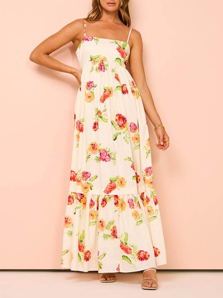 Flowy women's elegant beige maxi sundress with open-back design, a chic choice for summer & vacation.