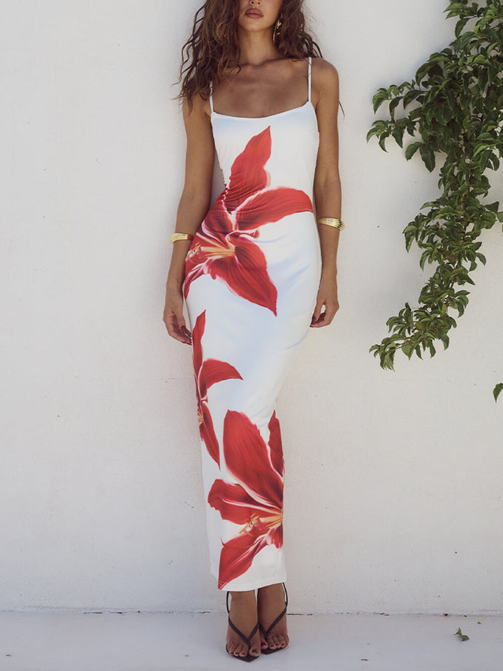 Elegant women's floral print maxi dress, perfect for summer beach & vacation wear.