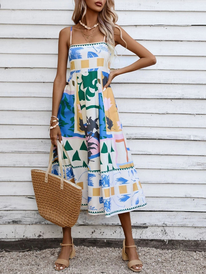 Elegant women's boho midi dress with square neck, perfect for summer casual and spring fashion.