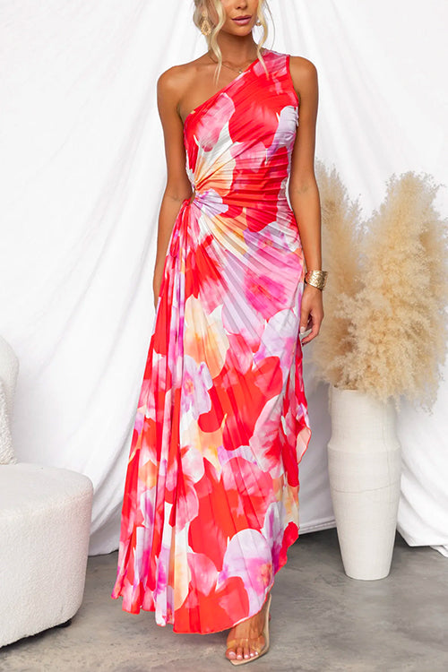 Women's pleated floral print maxi dress, a stylish choice for summer weddings & parties.
