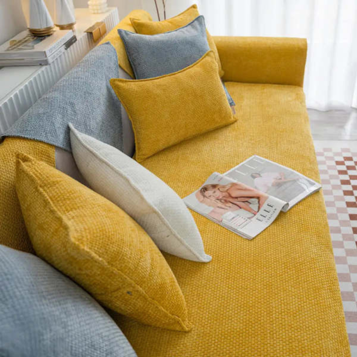 Modern cloud woven velvet non-slip sofa cover. Pet friendly furniture protector for living room decor.