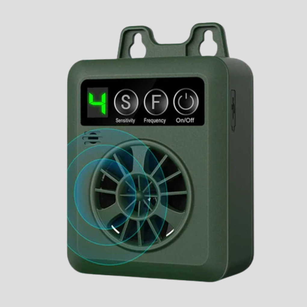 Outdoor ultrasonic dog bark control device. Humane training for a quiet yard. Effective pet deterrent.