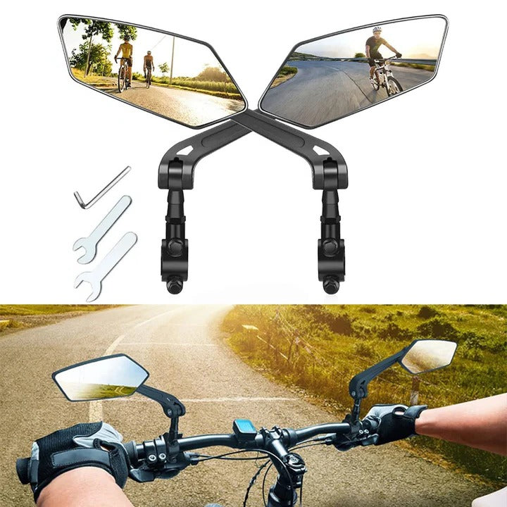 Handlebar-mounted 2-pack bicycle mirrors for bikes & scooters, providing clear 360° rear view visibility.
