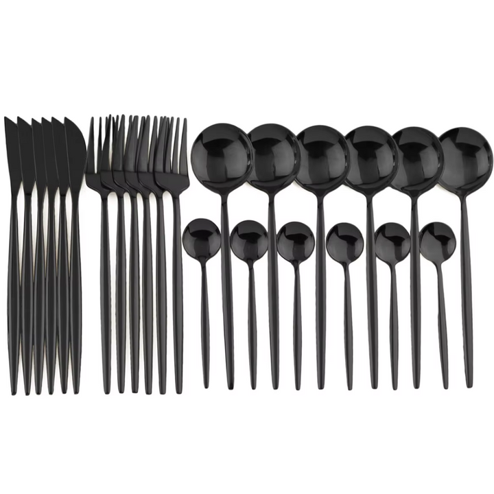 Luxury 24-piece black cutlery set for 4. Elegant stainless steel flatware with steak knives for a sophisticated table.