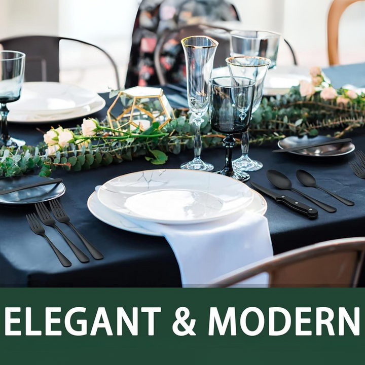 Modern black stainless steel flatware set. 24 pieces including steak knives, perfect for dining & table setting.