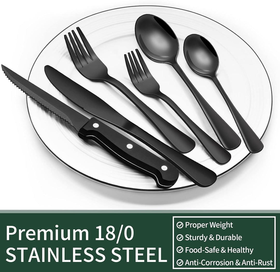 Stylish 24-piece black cutlery set with 4 steak knives. Durable stainless steel dinnerware for modern kitchen dining.