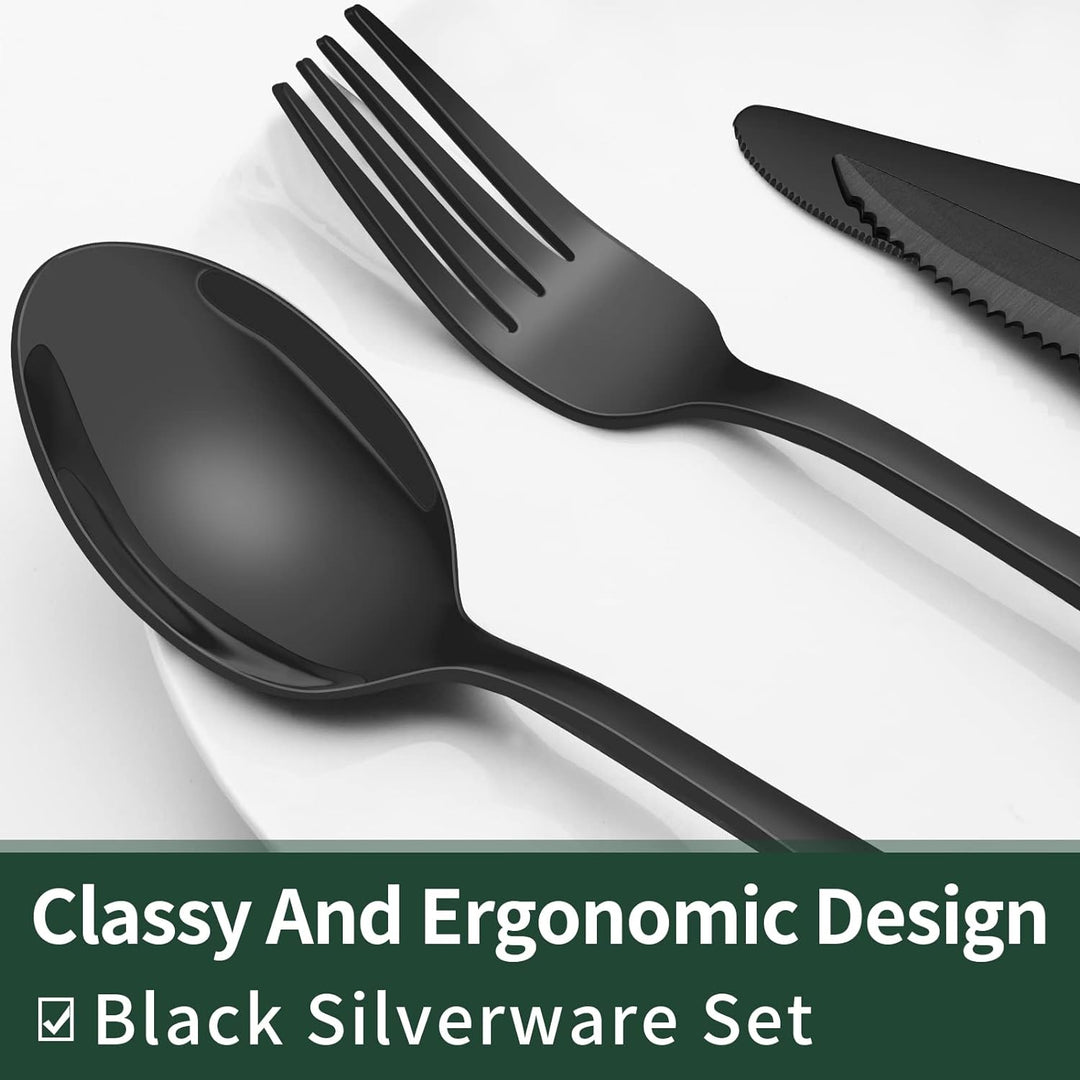Close-up of 24-pc black stainless steel cutlery set, showing forks, spoons, knives, & steak knives.
