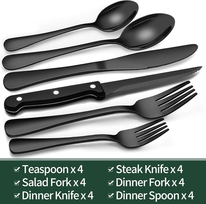 Chic black stainless steel dining set for 4. 24-piece flatware & steak knives arranged on a modern table setting.