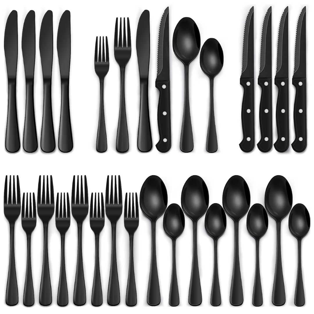 Elegant 24-piece black stainless steel cutlery set for 4, includes dinnerware flatware & steak knives.