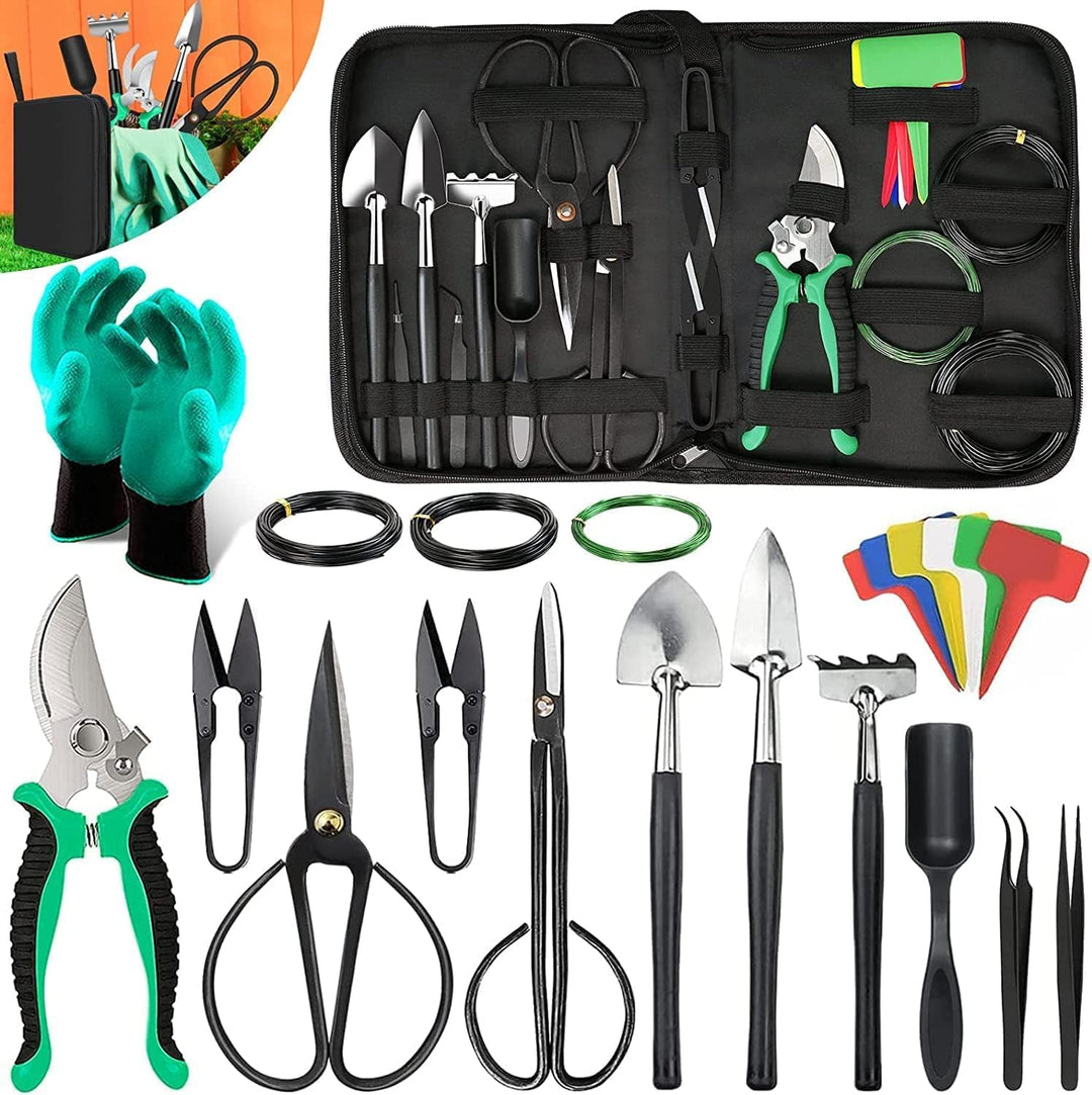 24-piece bonsai tree care kit with high-carbon steel tools for pruning, shaping & plant care, in a PU leather bag.