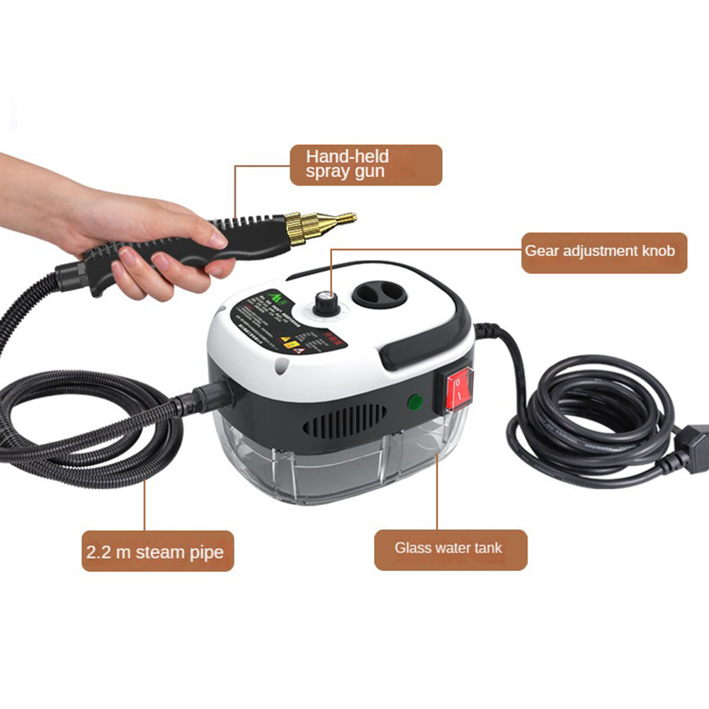 Multi-surface high-pressure steam cleaner, sanitizes home & kitchen without chemicals, 2500W, 6 settings.