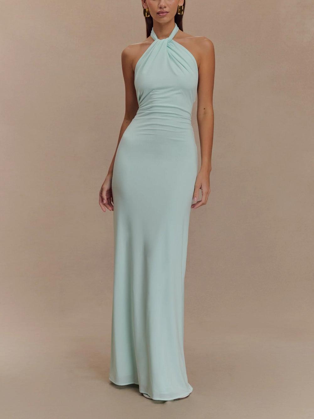 Elegant women's halter maxi sundress with open back, perfect for summer evenings or beach events.