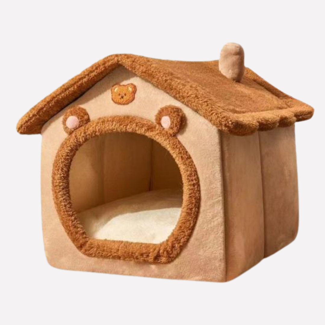 Plush bear-shaped pet cave bed provides a cozy, secure hideaway for small dogs & cats. Washable & soft.