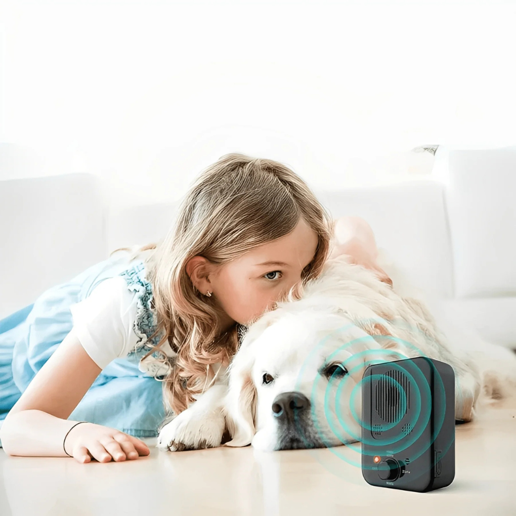 Rechargeable ultrasonic dog bark control device. Gentle pet training aid for improved dog behavior and a quiet home.