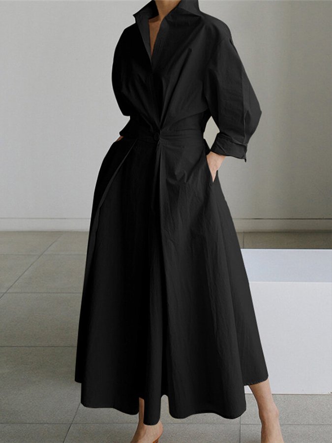 Plus size elegant collared long sleeve midi dress for women, perfect for sophisticated workwear or fall/winter style.