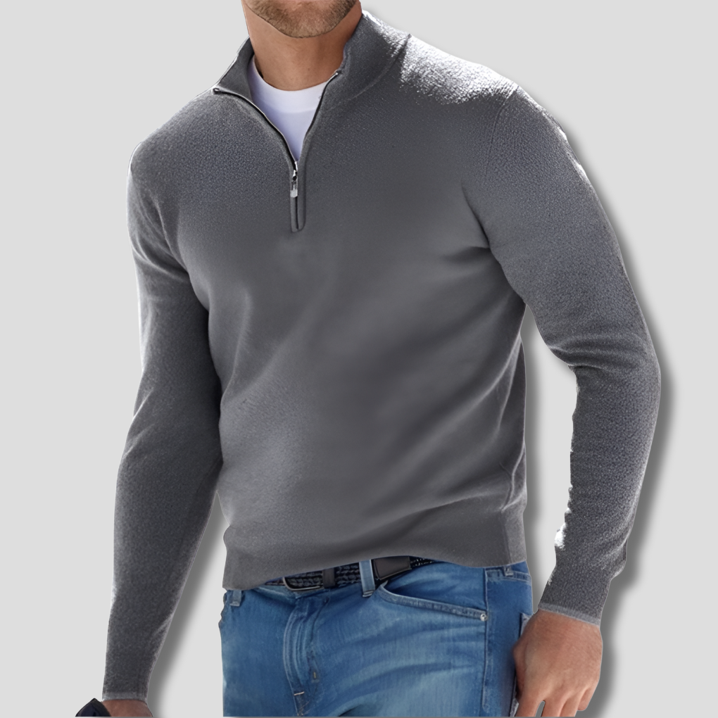 Versatile men's long sleeve pullover sweater with zipper collar, perfect for stylish everyday outfits.
