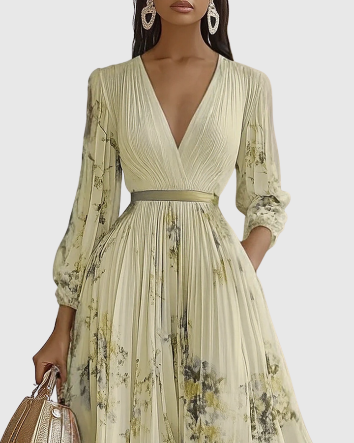 Women's elegant pleated V-neck long dress, perfect for cocktail parties, weddings, and formal events.