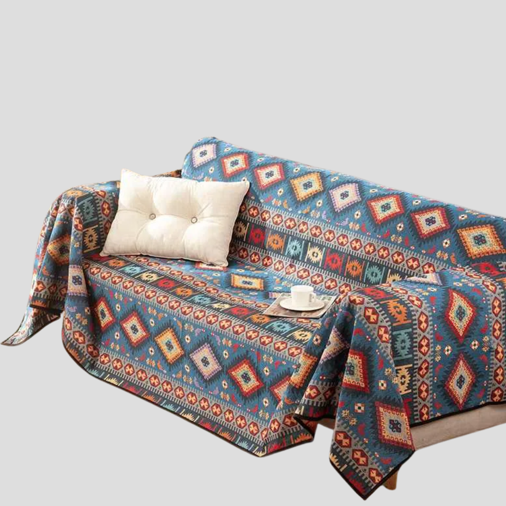 Decorative Jacquard throw blanket, ideal as a sofa cover or bedspread. Woven Moroccan geometric textile.