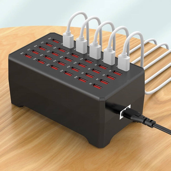 30-port USB charging station, ChargeMax 30, for fast charging multiple phones, tablets & devices. Ideal for office.