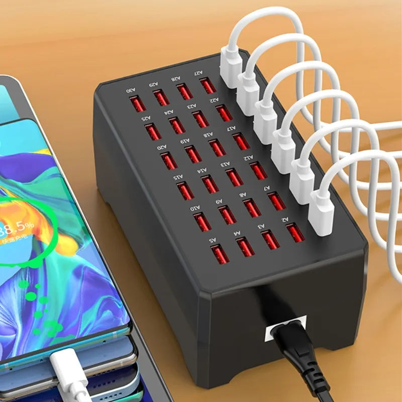 Sleek 30-port USB charging station organizes & fast charges multiple phones, tablets, and electronics. Office/hotel hub.