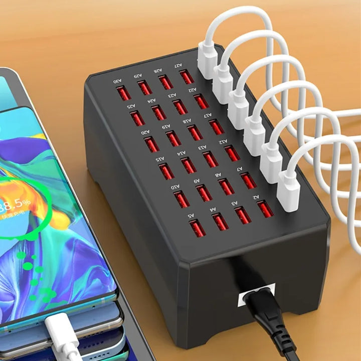 Sleek 30-port USB charging station organizes & fast charges multiple phones, tablets, and electronics. Office/hotel hub.