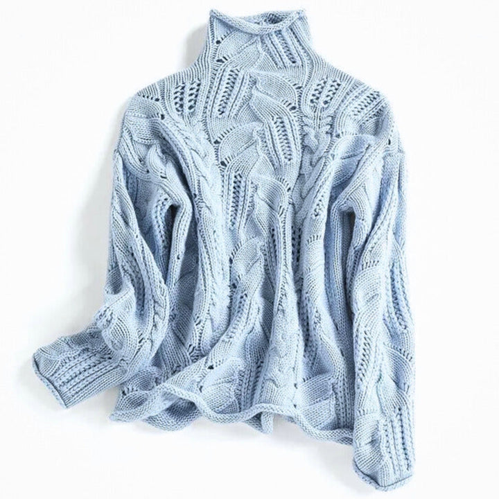 Women's wavy cable knit turtleneck sweater in cozy beige, perfect for warm winter fashion & fall layering.