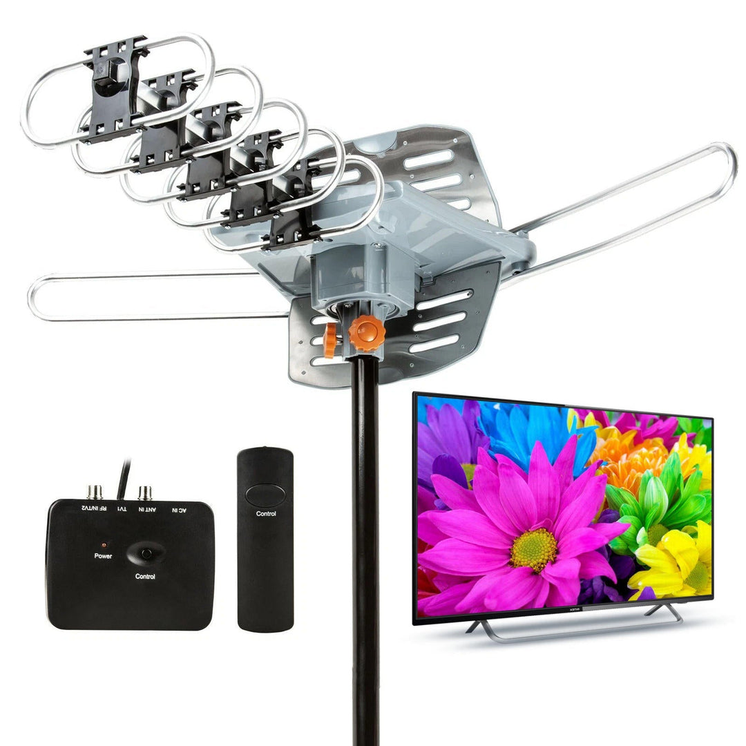 360° motorized HD TV antenna for long-range digital reception; ideal outdoor rooftop or attic installation.