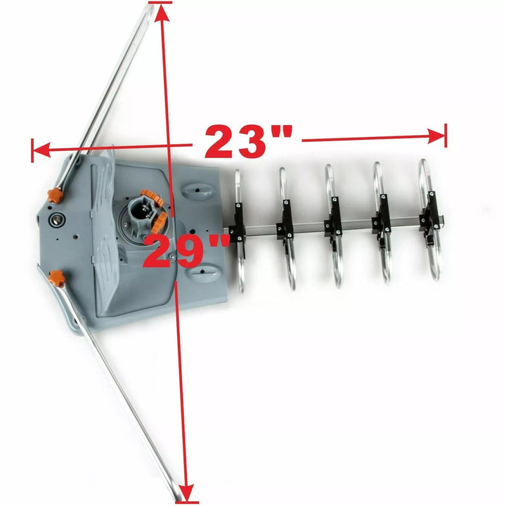Long-range motorized outdoor TV antenna with signal booster for ultimate HD digital reception, UHF & VHF.
