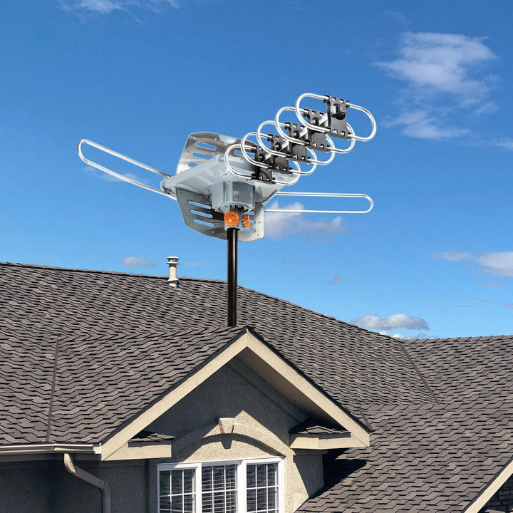Motorized long-range TV antenna, 360° rotation for superior HD digital signal reception & signal boosting.
