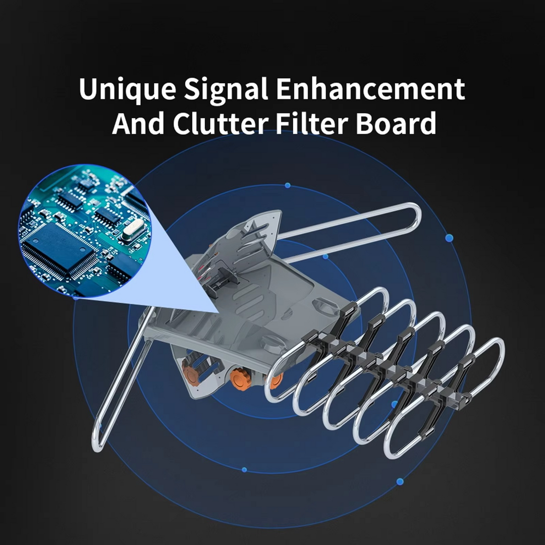 High-definition motorized TV antenna provides clear digital reception for home entertainment, no cable needed.