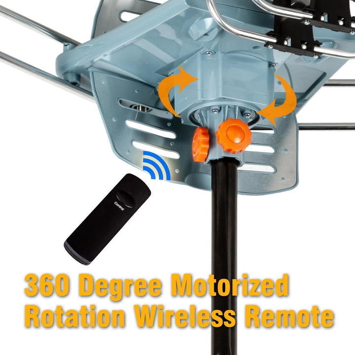Rooftop digital TV antenna with 360° motorized rotation, ensuring long-range HD channels without subscription.